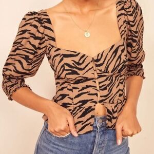 Reformation - Animal Print Tiger Stripe Corset Top Peplum Puff Sleeve - 0